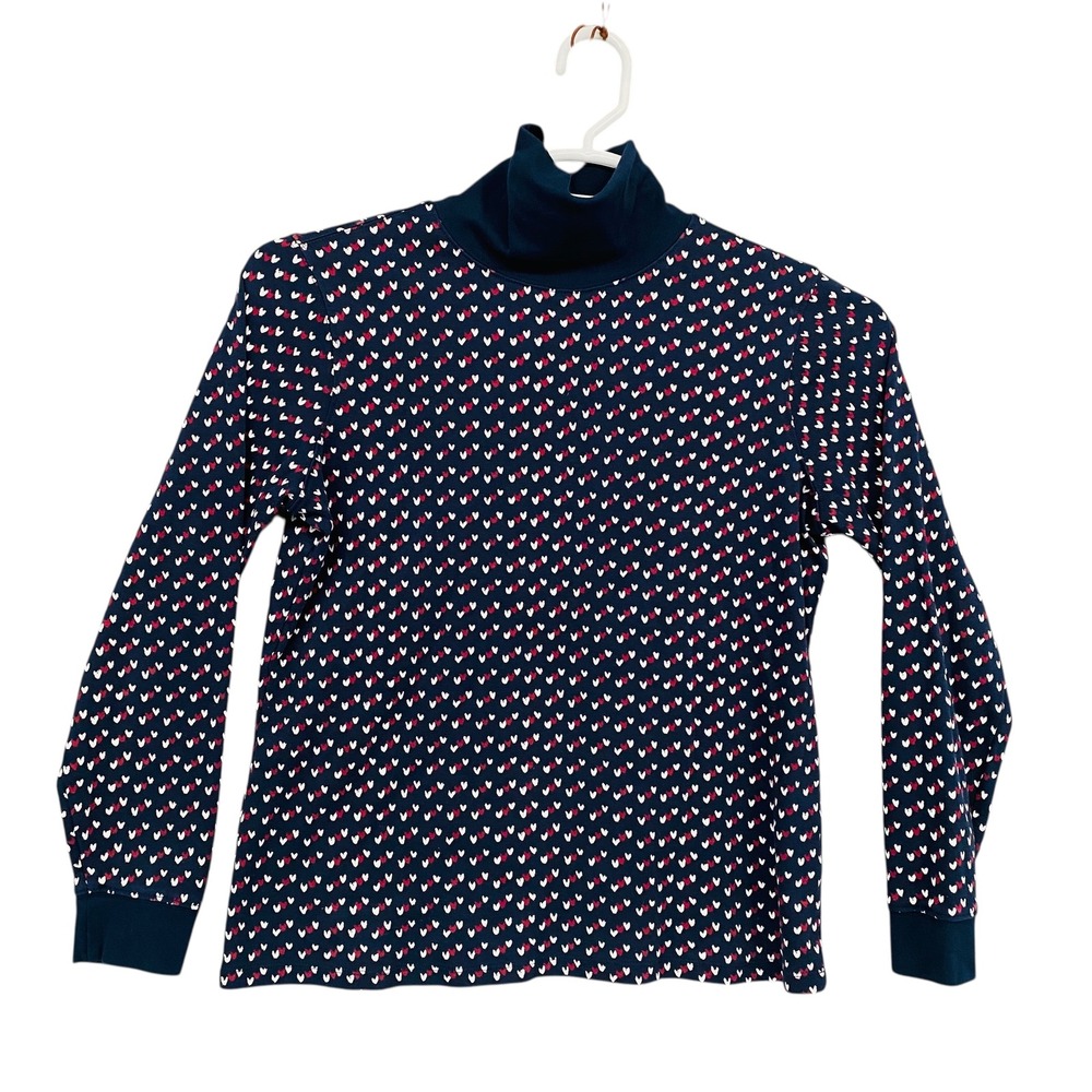 L L Bean Womens Navy Blue‎ Heart Print Turtleneck Long Sleeve Top Size M REG